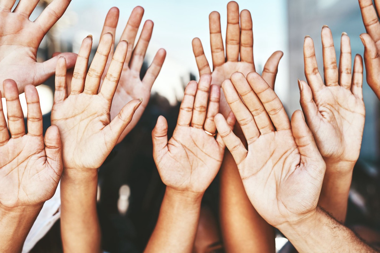 eight raised hands indicating interest in volunteering